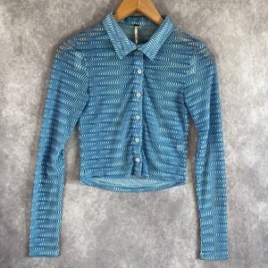 Free People Mesh Button Down Top Women XS Blue Wavy Psychedelic Crop Mesh Blouse